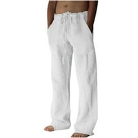 Yuwull Мъжки панталони с широки крака памук спално бельо еластична талия pnts смесени дишащи удобни меки плаж ежедневни панталони с джобове бяло