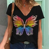 Yyeselk фантазия пеперуда пеперуда дамски туника върхове ежедневни секси v-образни къси ръкави уютни блузи модни солидни памук летни тениски черни l