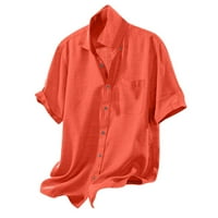 Ризи за копче за мъже памук и бельо свободно прилепване на твърд цвят късо ръкав предни джобни тениски тениски удобни летни плажни тройници отгоре оранжев L