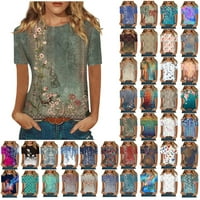Подземни летни върхове, къси ръкави ризи за жени Сладки печат Графични тийнейджъри Блузи Небрежни плюс размер Основни върхове Пуловер, Зелен XL
