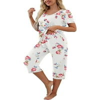 Жени пижами комплекти с v-образна флорална свободна кратка ръкава върхове джобове и еластични панталони за капри на талията