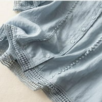 Cacommark Pi плюс размер дамски дрехи Clearance Дами твърд цвят памучен бельо блуза плетене на една кука цвете половин ръкав небрежна разхлабена риза върхове синьо
