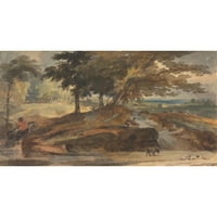Thomas Sully Black Ornate Famed Double Matted Museum Art Print, озаглавен: Пейзаж с Knoll с дървета, фигура на кон