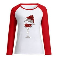 Дамска коледна пуловер суичър червено вино стъкло отпечатък риза с дълъг ръкав кръгла шия пачуърк блуза върхове