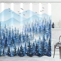 Завеса за душ, зимна снежна студена синя гора Misty Mountain Birds душ завеса за дома на баня водоустойчива фестивална декорация