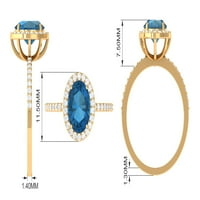 Дами 2. CT Oval Cut London Blue Topaz пръстен с диамантен ореол - декември пръстен за раждане, 14K бяло злато, САЩ 12.00