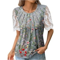 Летни върхове за жени Дишащ флорален отпечатан тениска дантела с къси ръкави блуза кръгла шия ежедневен тройник
