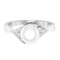 Байпасен пръстен с сладководен перла с диамантен трио, перлен годежен пръстен за жени, 14K бяло злато, САЩ 12.00