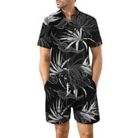 Мъжки ризи и къси панталони плаж хавайски бутон с къс ръкав надолу съвпадащ комплект тропически хаваи отпечатани тоалети летни празнични костюми тъмно сиво m