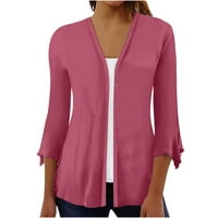 Жени отворени предни меки леки жилетки ежедневни летни плътни цветни бутон за ръкав с ръкав надолу удобно драпирано палто блуза розово m