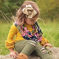 Ранг и стил топ обикновени тениски за деца малко дете момиче твърд цвят тениска с лък деколте дантелено ръкав на екипажа на екипаж за години