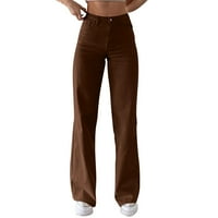 Dyfzdhu жени плътни цветни дънки тънък прилягане с висока талия с прави панталони за крака товари Панталони улични дрехи кафяво