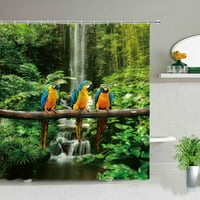 Тропически джунгла папагал водопад пейзаж душ завеси палмово дърво океан пясъчен плаж птица пейзаж баня декор плат плат завеса