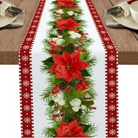 Коледна маса за масата, червен коледен цвете Pinecone Зелен лист Снежинка Коледна маса бегач за коледна кухненска маса маса празнична украса