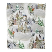 Супер меко хвърляне на одеяло Синьо модел акварелен зимен пейзаж в селото Цветна коледен дом Декоративен фланел Кадифено плюшено одеяло