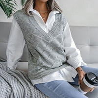mveomtd жени есен и зима солиден цветен модел пуловер жилетка модна ретро геометричен модел v-образно без ръкави пуловер плетен пуловер пуловер Snag Grey